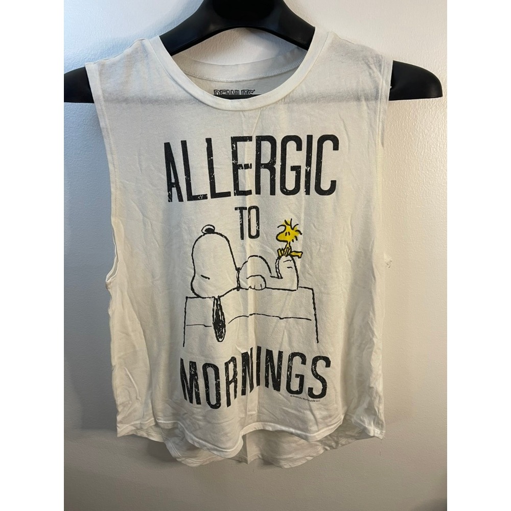 Peanuts Snoopy Allergic to Mornings Graphic Muscle Tank Top‎ White Large L